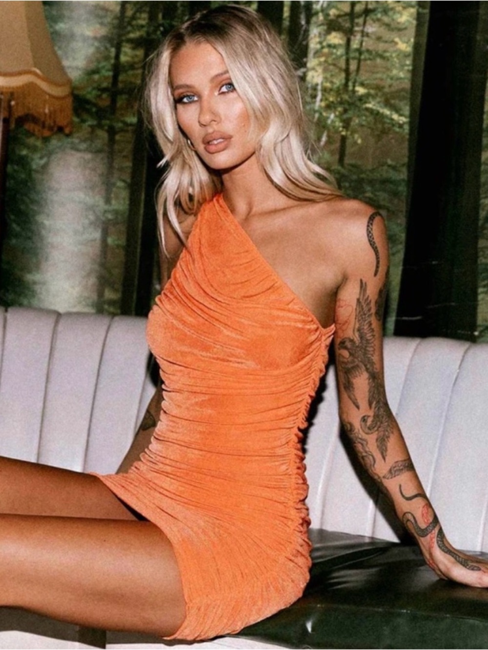 Lioness Goddess One-Shoulder Ruched Orange Mini Dress Bodycon Feminine Party